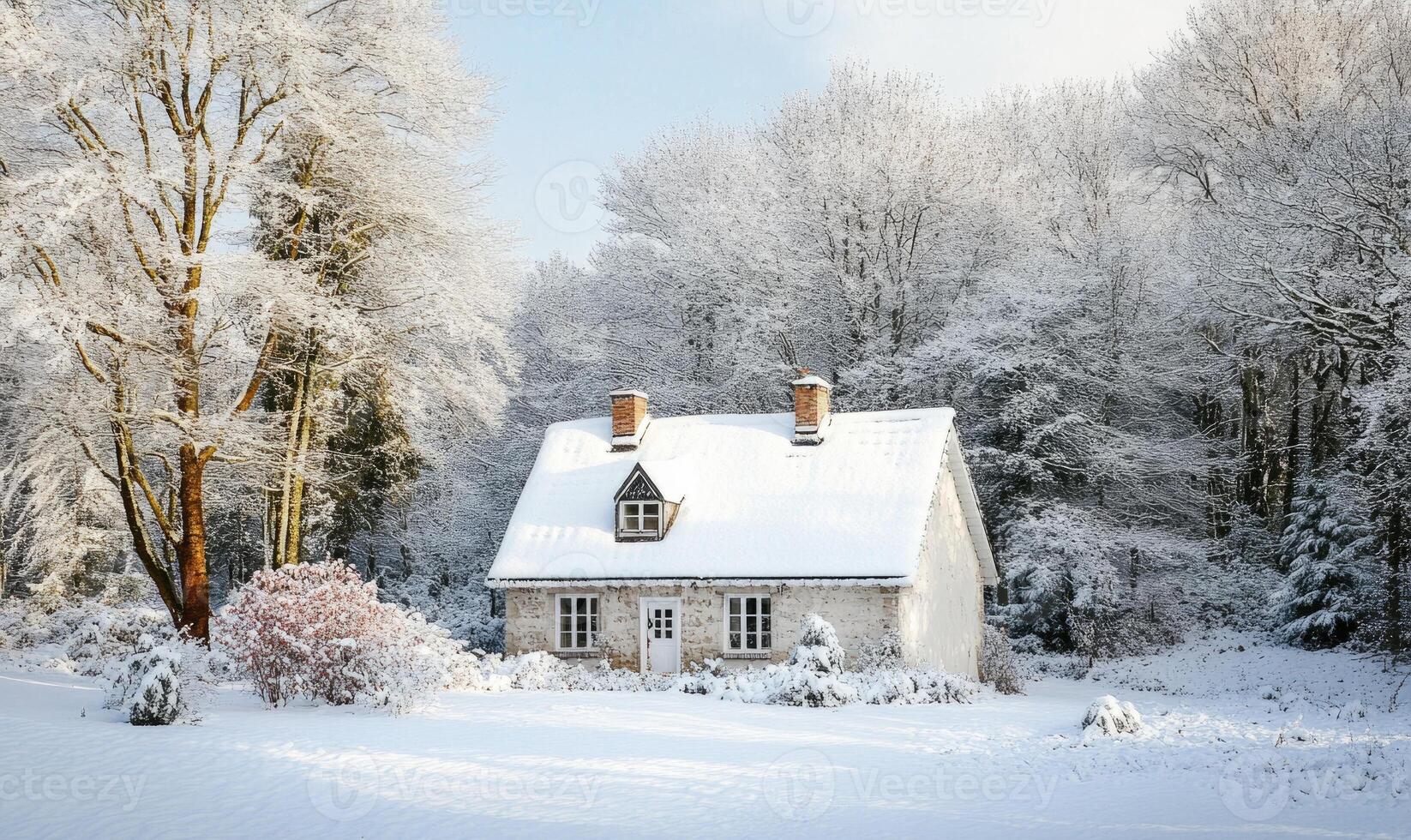 A small white house with a chimney sits in a snowy field photo