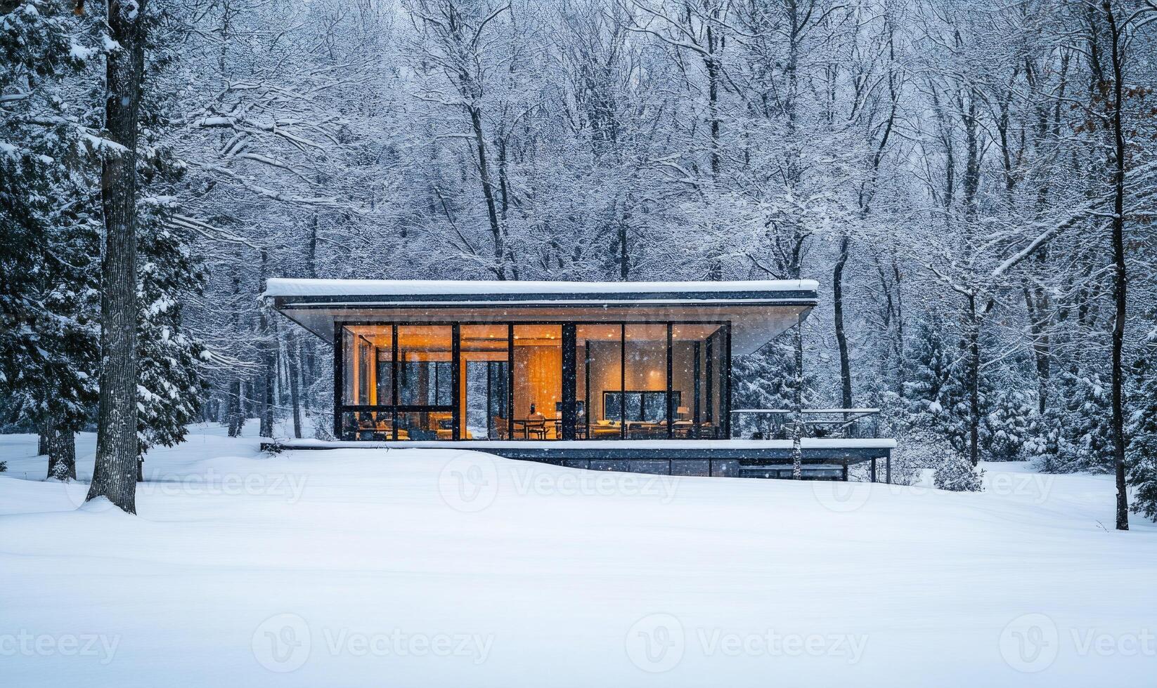A small house with a glass roof sits in the snow photo