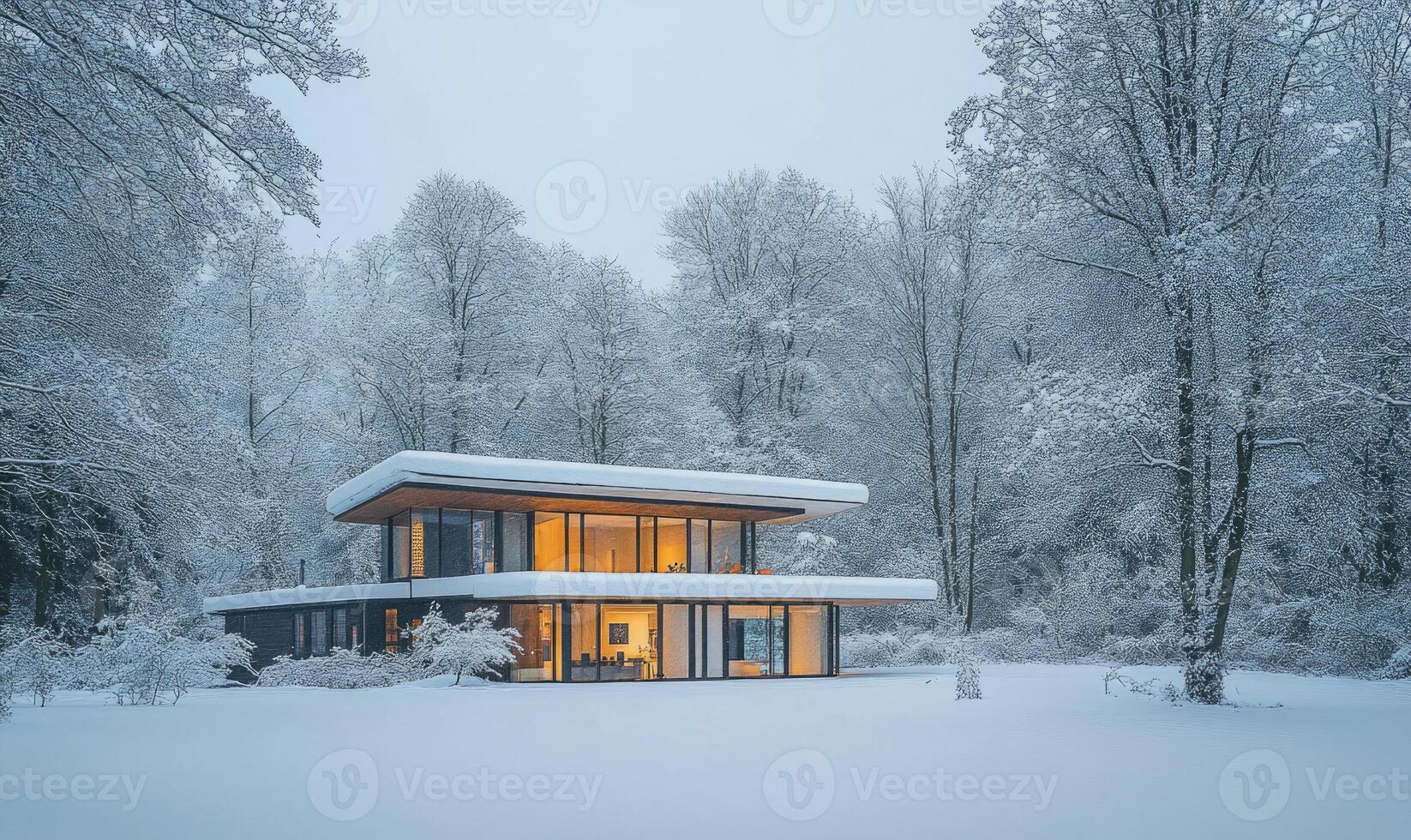 A large house with a snow covered roof sits in a snowy field photo