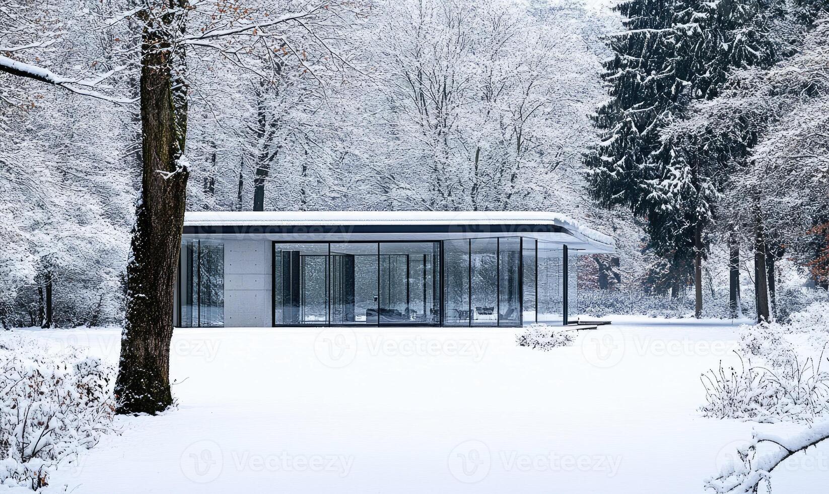 A small house with a glass roof sits in a snowy field photo