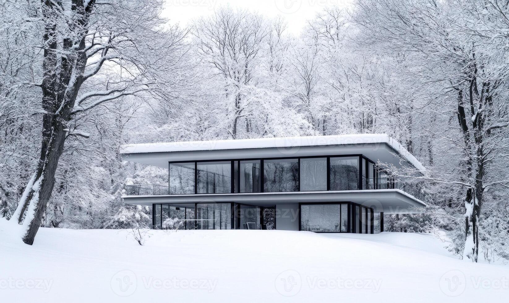 A large, modern house with a snow-covered roof sits in a snowy forest photo