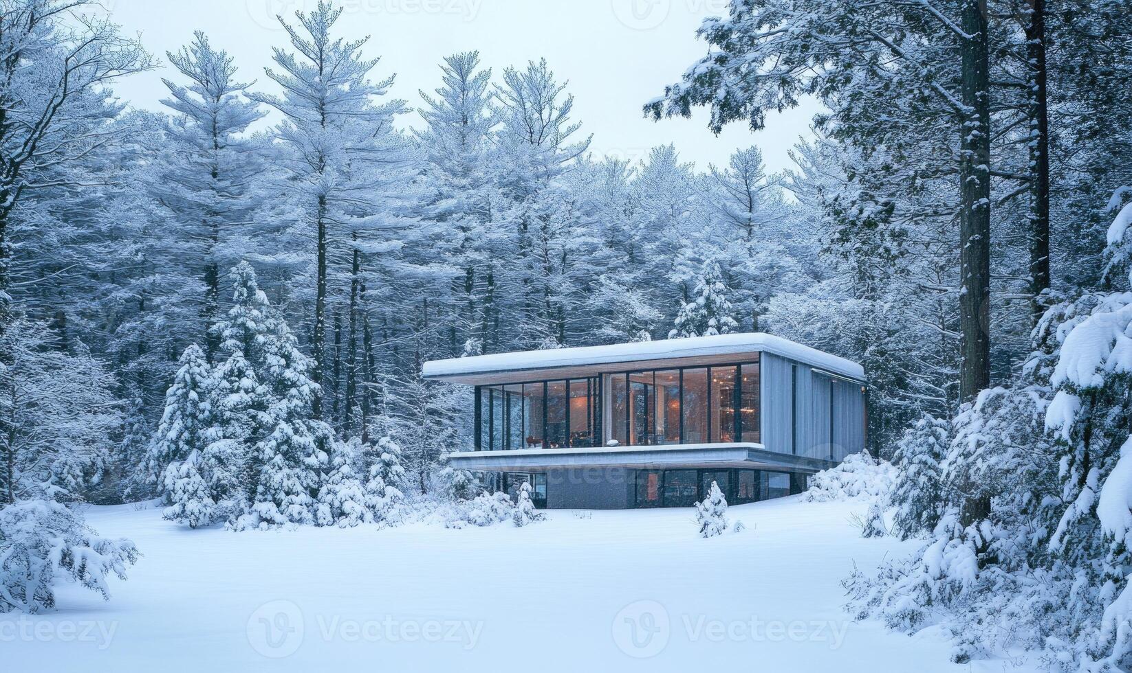 A small house is surrounded by snow and trees photo