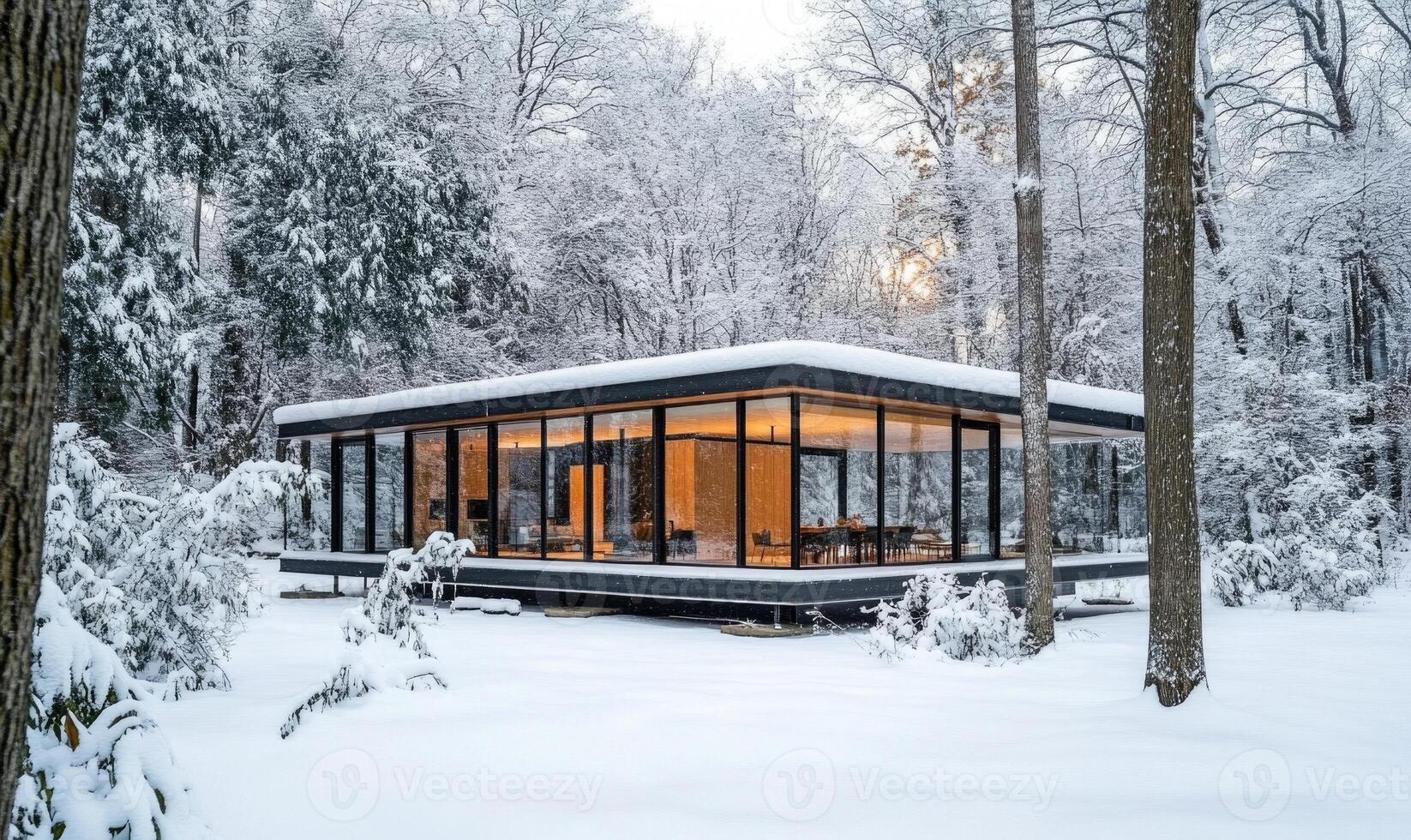 A large glass house is surrounded by snow and trees photo