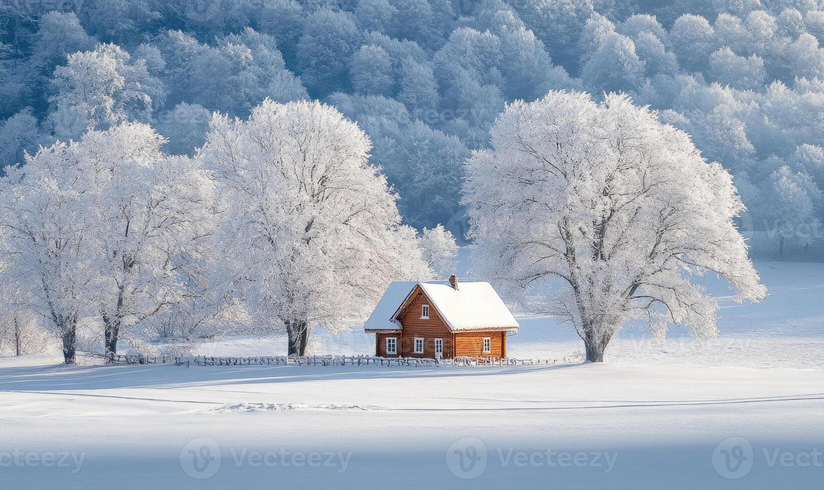 A small cabin is surrounded by trees in a snowy field photo