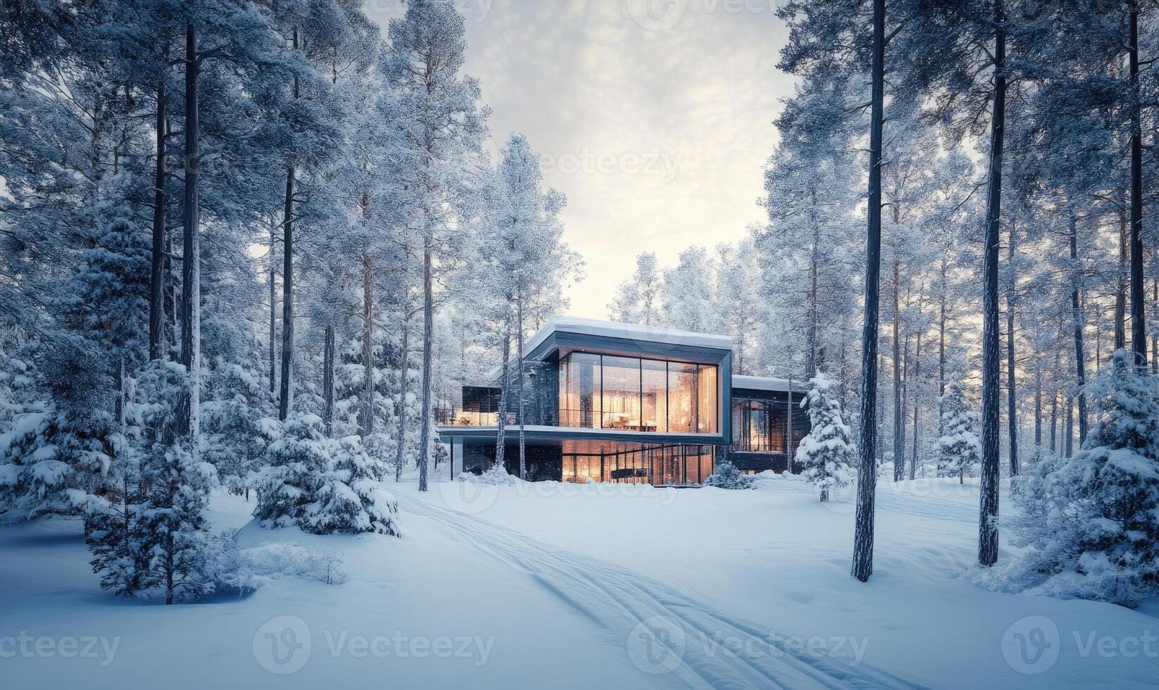 A house with a large glass window sits in a snowy forest photo