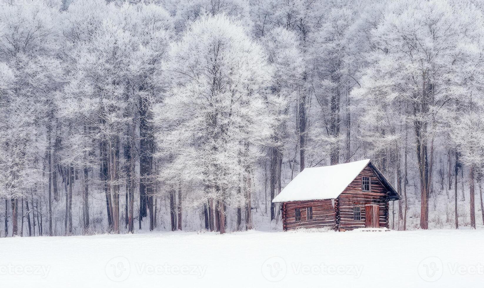 A small cabin is surrounded by trees covered in snow photo