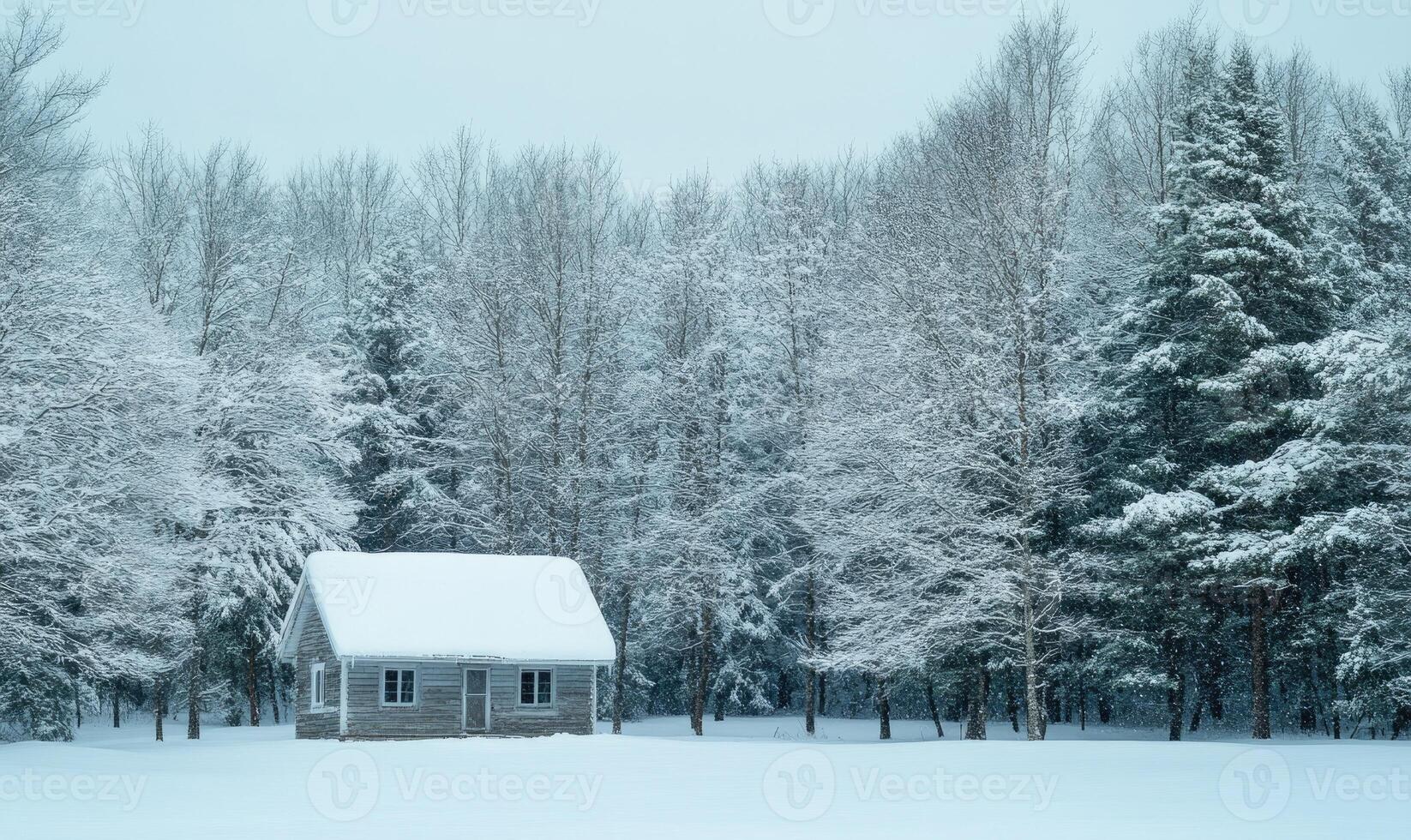 A small cabin is surrounded by trees covered in snow photo