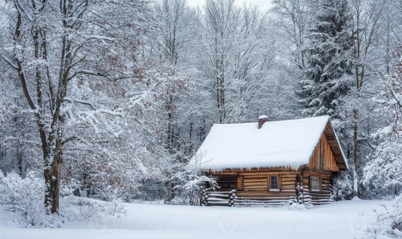 A small log cabin is covered in snow and surrounded by trees photo