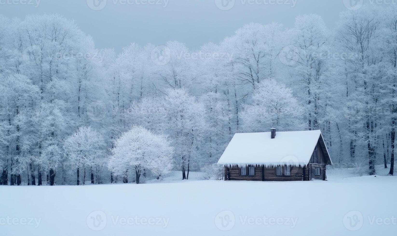 A small cabin is surrounded by trees covered in snow photo