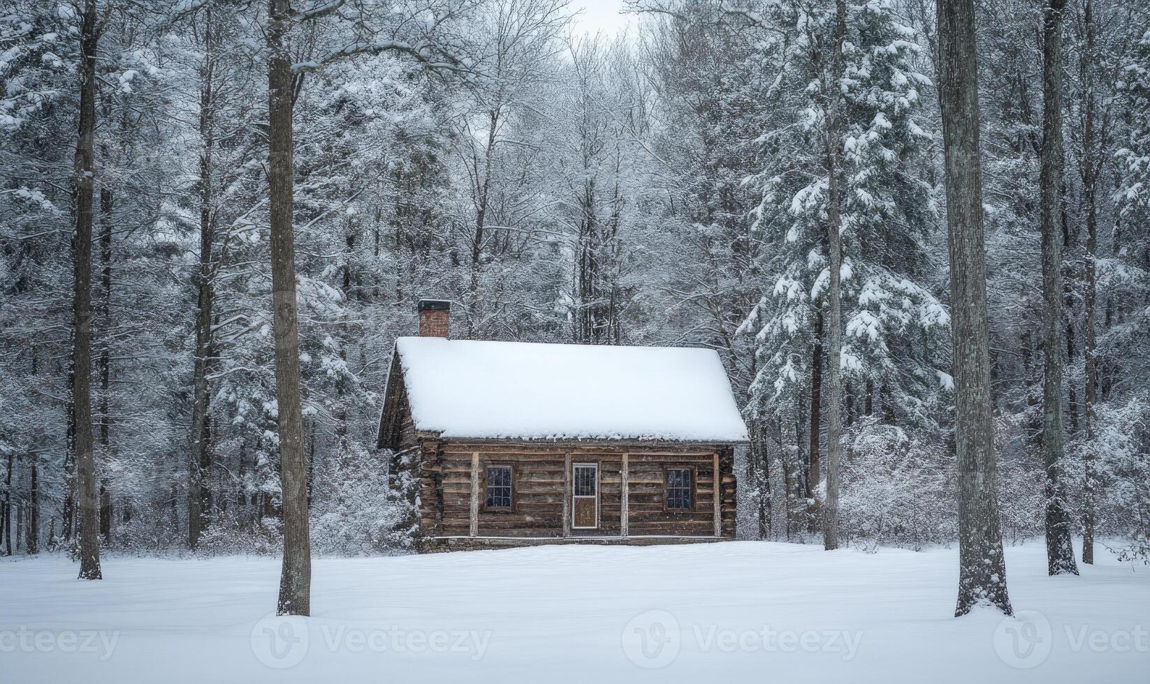 A log cabin in the woods is covered in snow photo