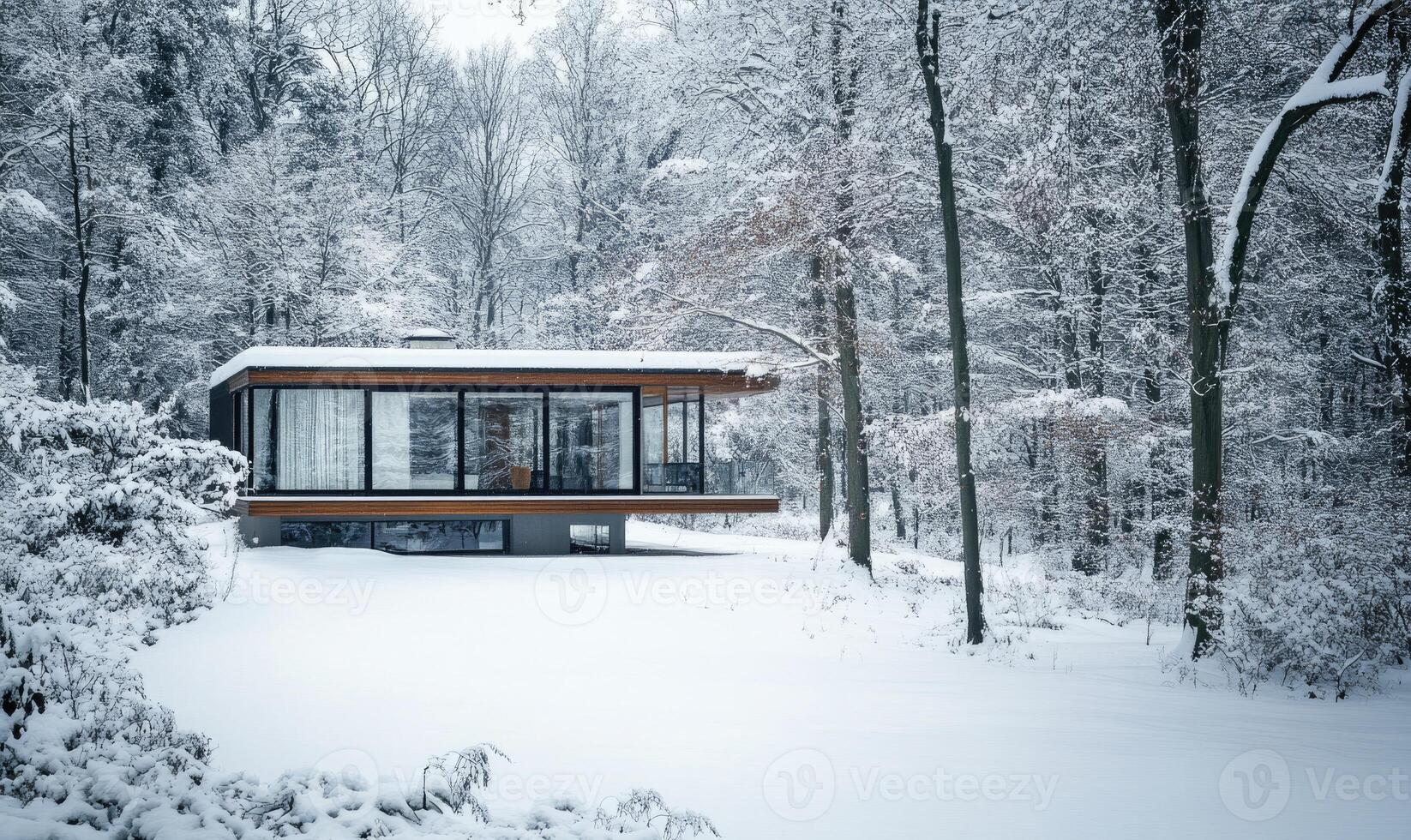 A small house with a glass roof sits in a snowy field photo