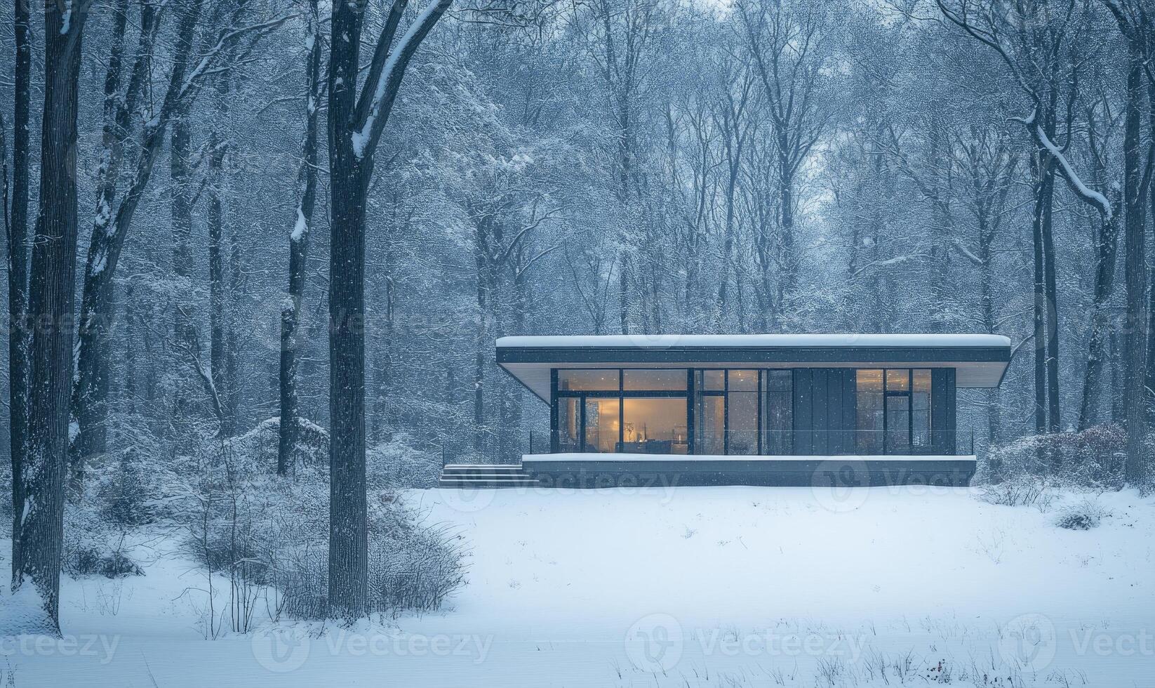 A small house is surrounded by trees and covered in snow photo