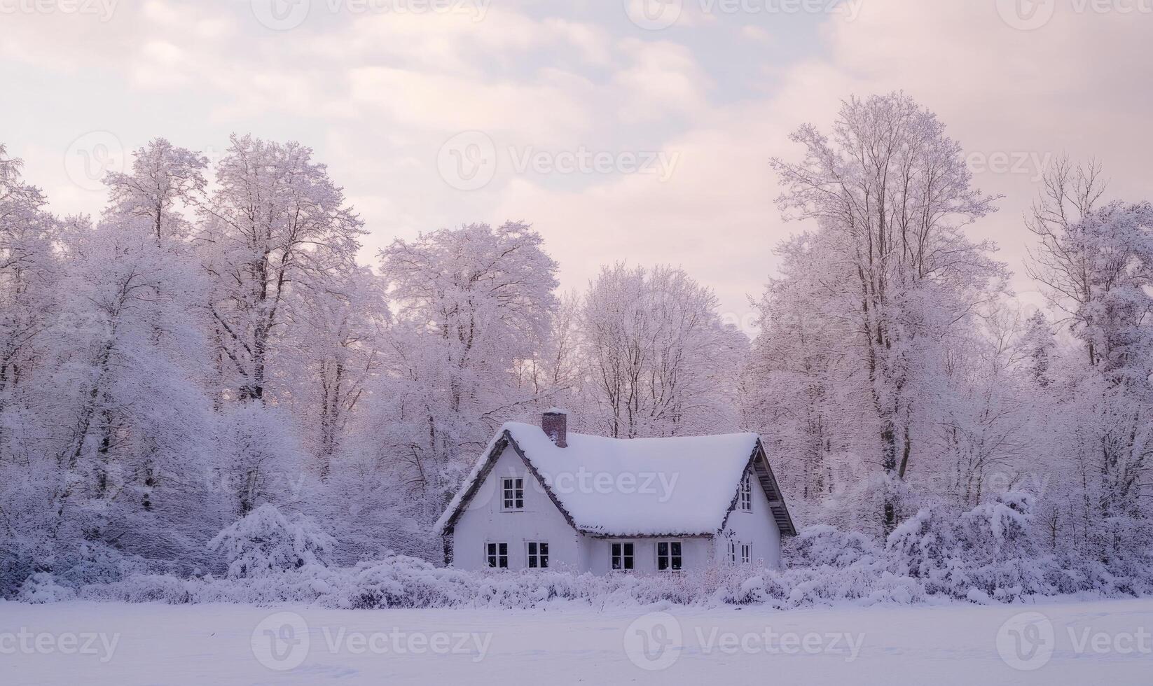 A small white house with a chimney sits in a snowy field photo