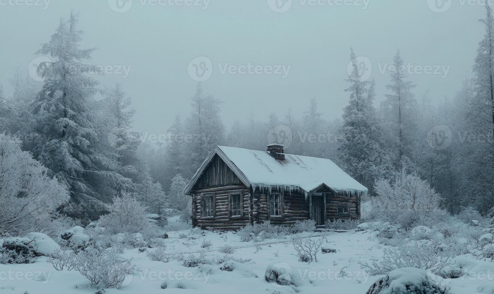 A small cabin in the woods is covered in snow photo