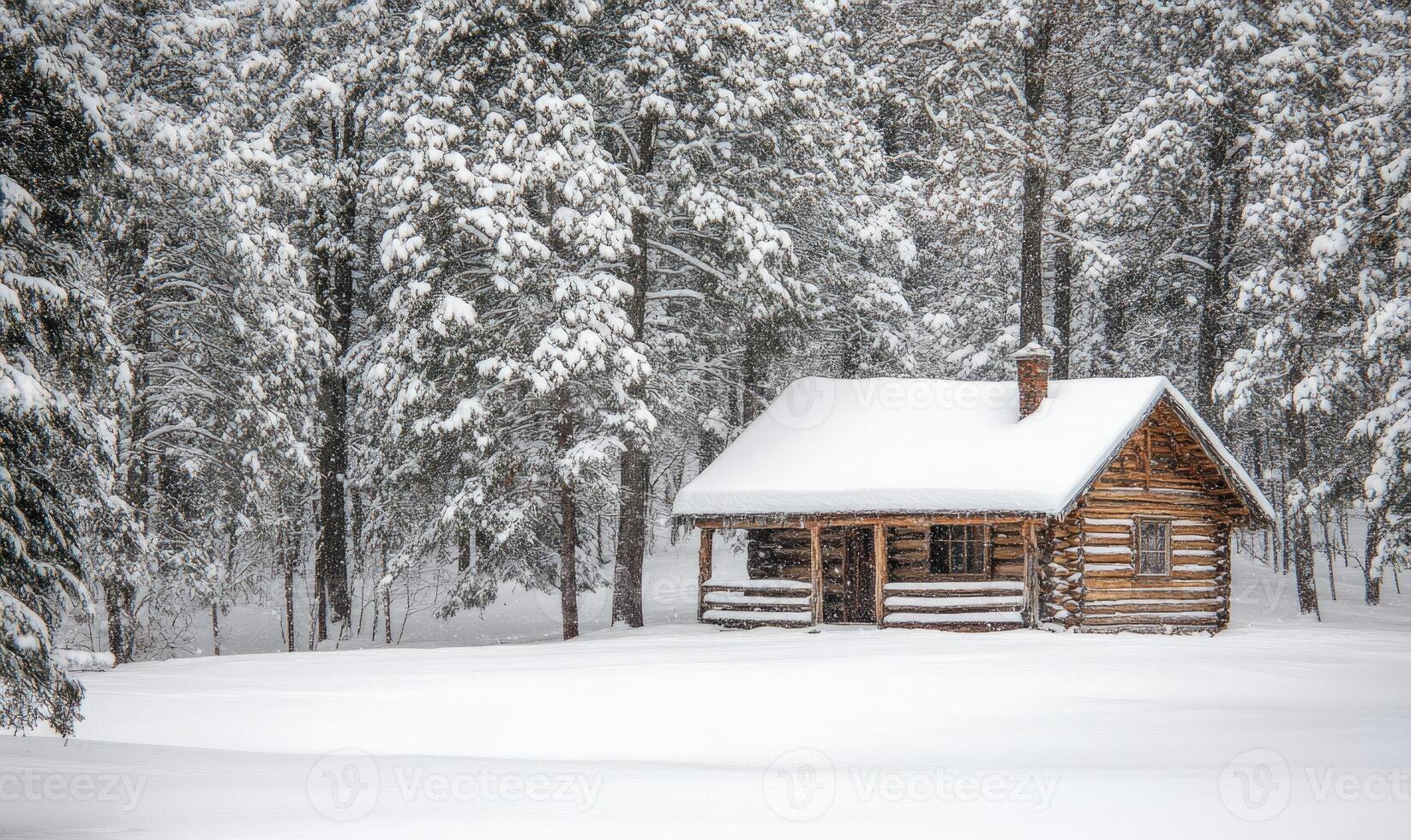 A log cabin is covered in snow and sits in a snowy field photo