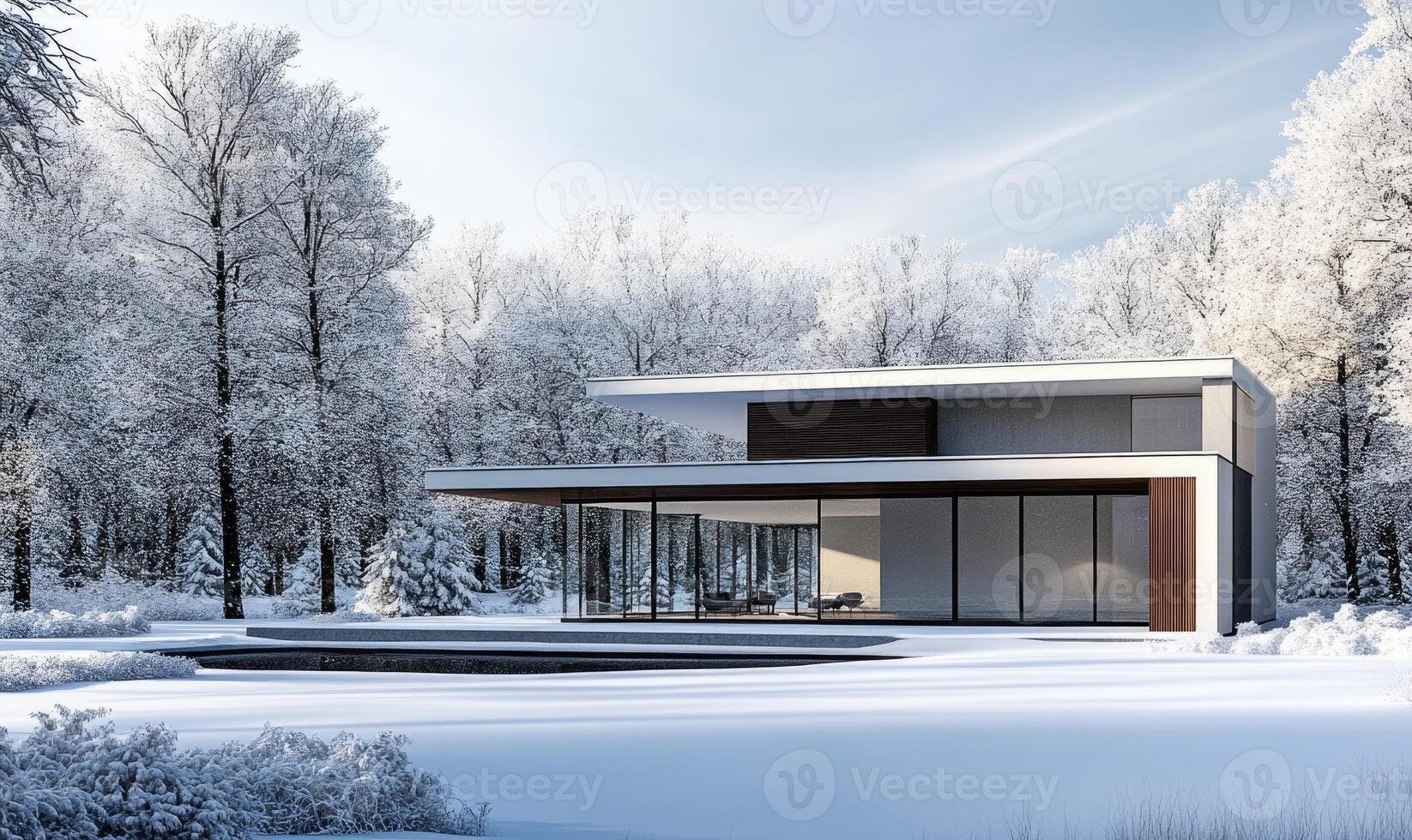 A house with a large glass window and a pool in front of it photo