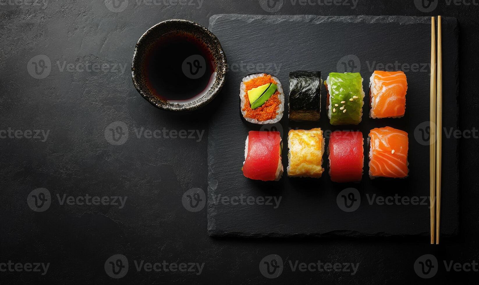 A plate of assorted sushi rolls with chopsticks and a cup of sauce photo