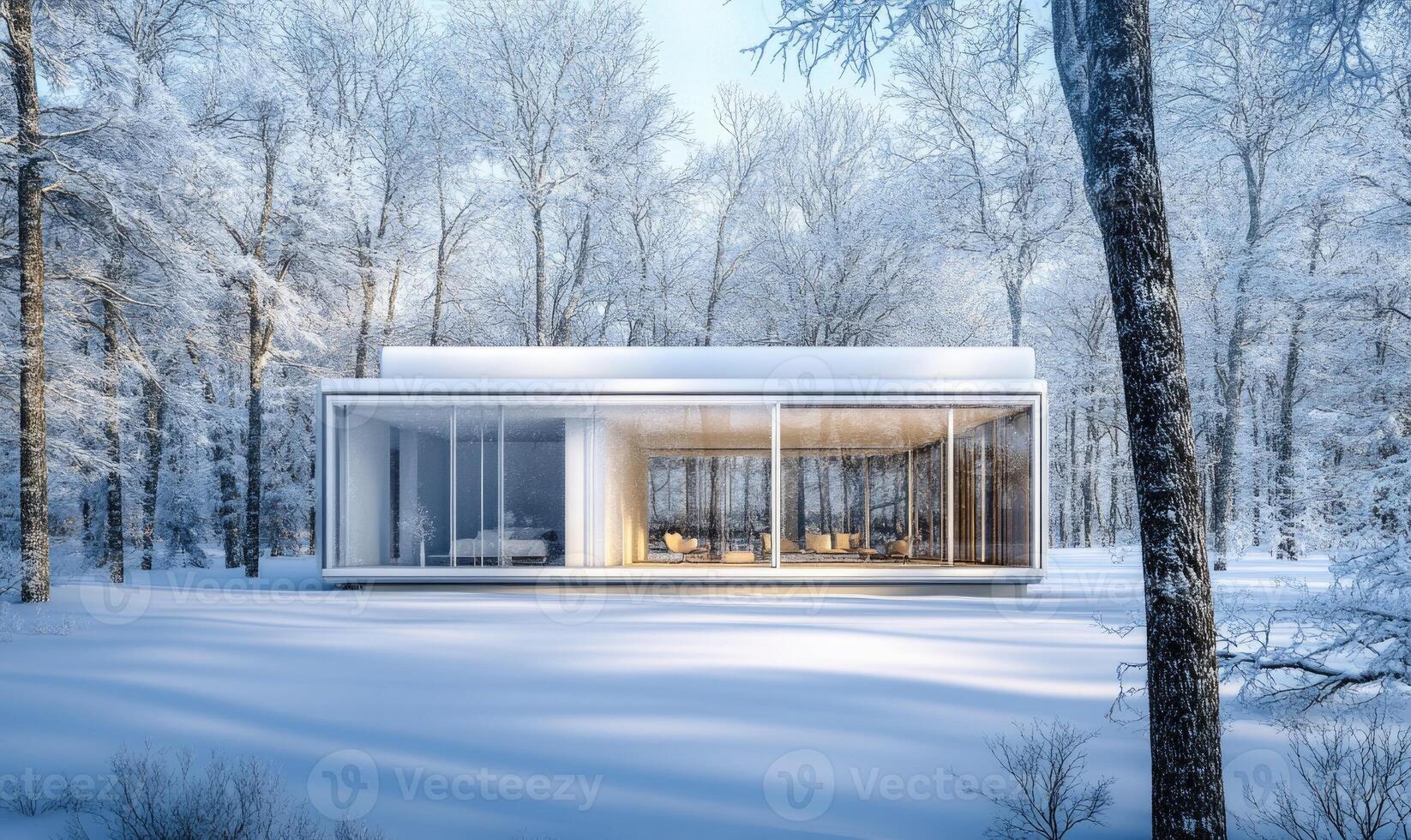 A large white house with a glass front sits in a snowy forest photo