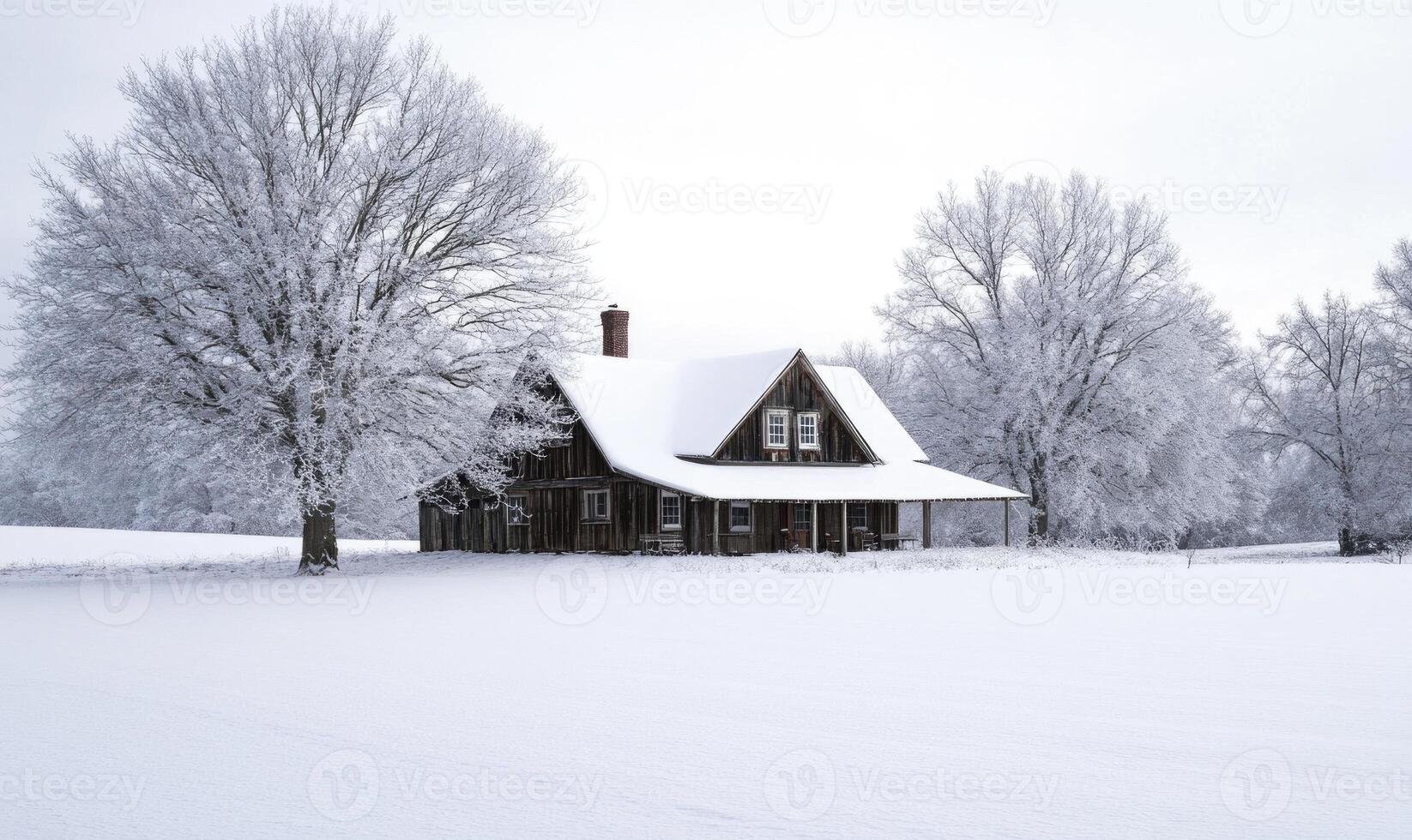 A small house with a porch sits in a snowy field photo