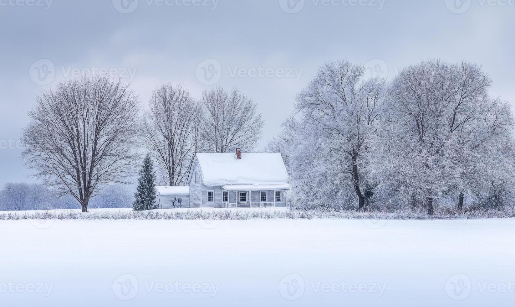 A house with a chimney sits in a snowy field photo