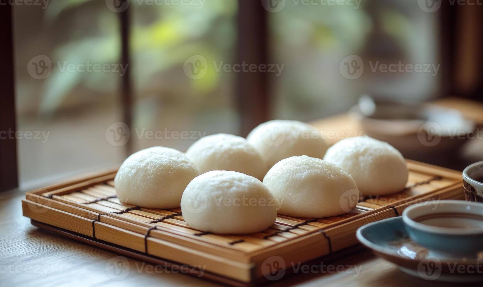 A tray of white pastries sits on a wooden table next to a cup photo