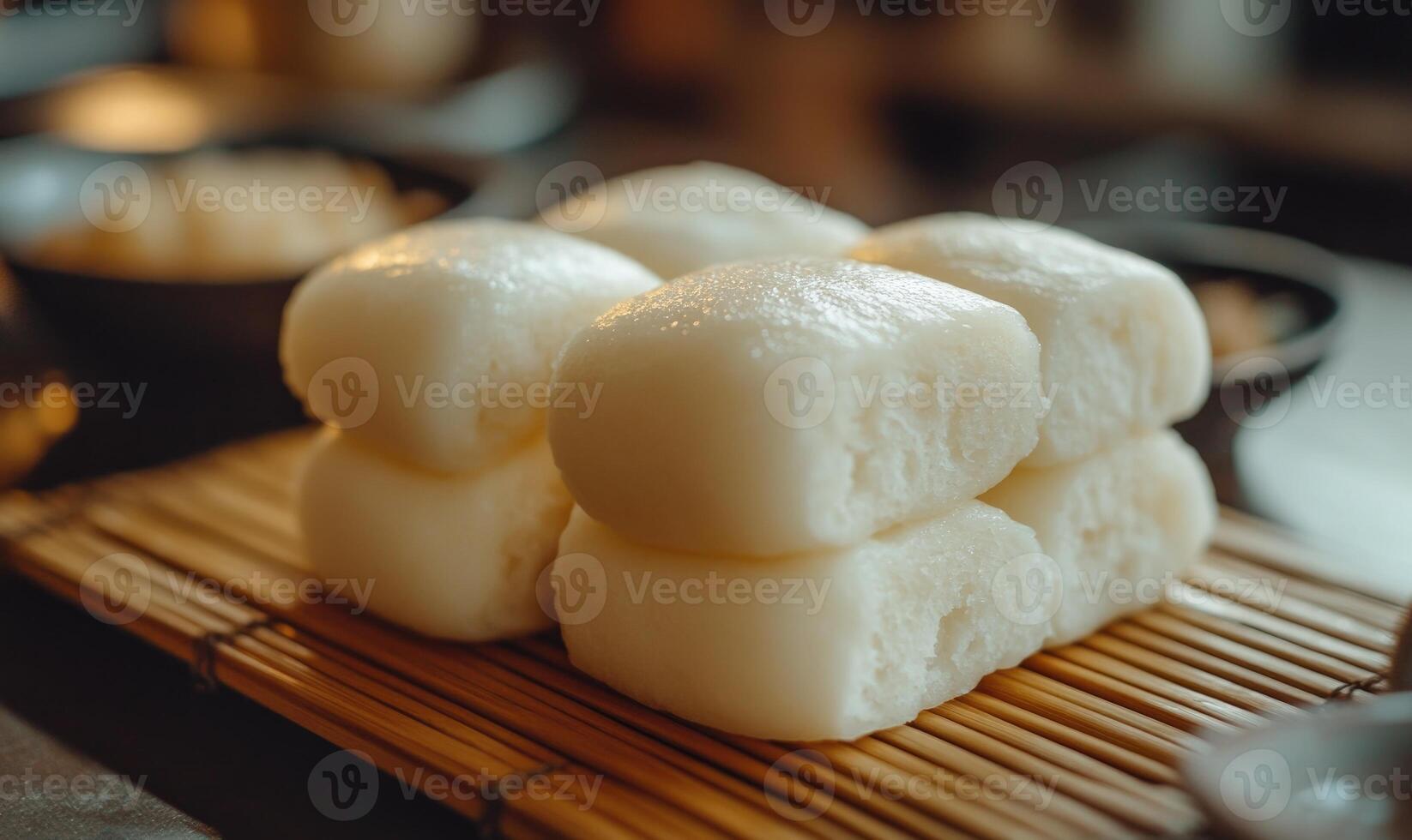 A stack of white food on a wooden board photo