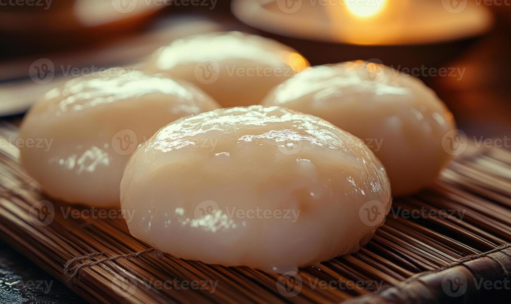 Four small white pastries sitting on a wooden table photo