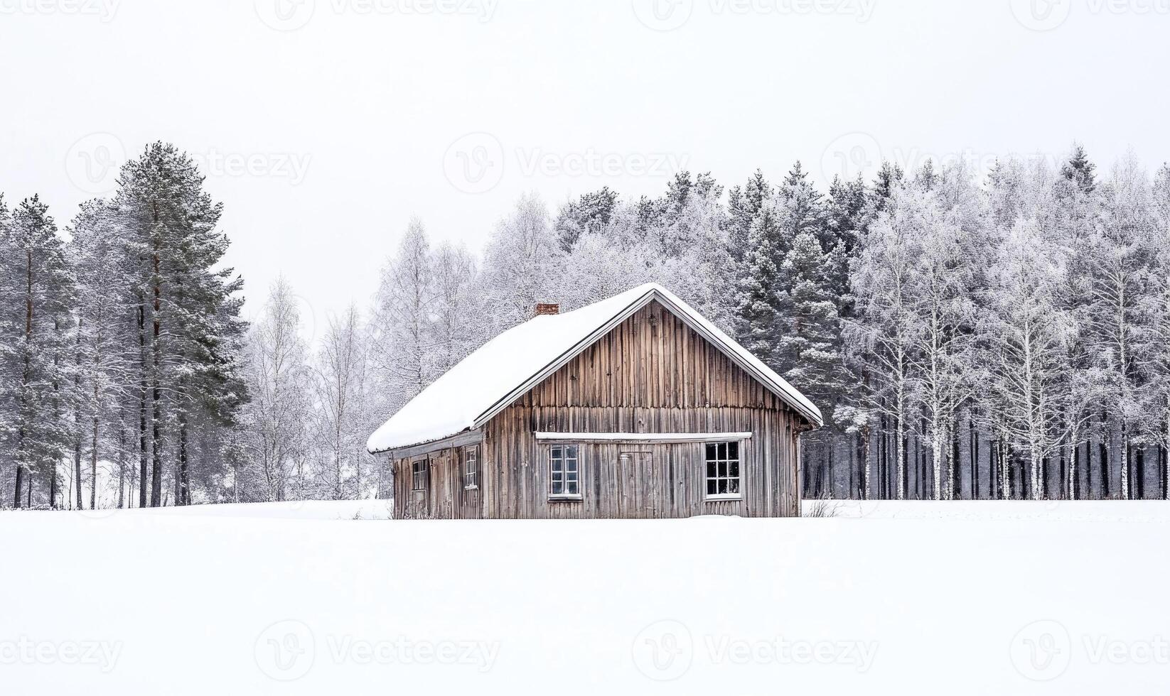 A small, old wooden house sits in a snowy field photo