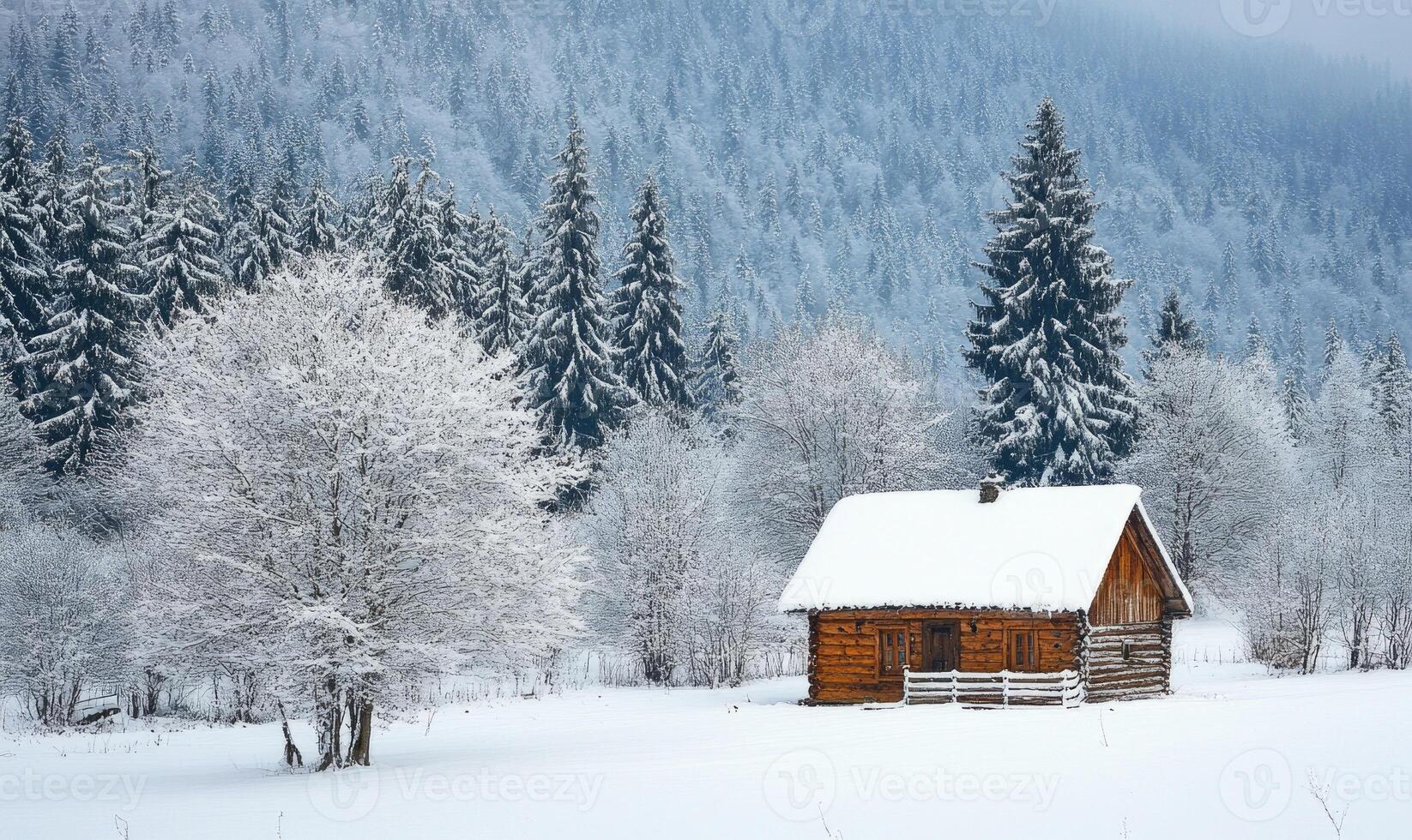 A small cabin is surrounded by trees and snow photo