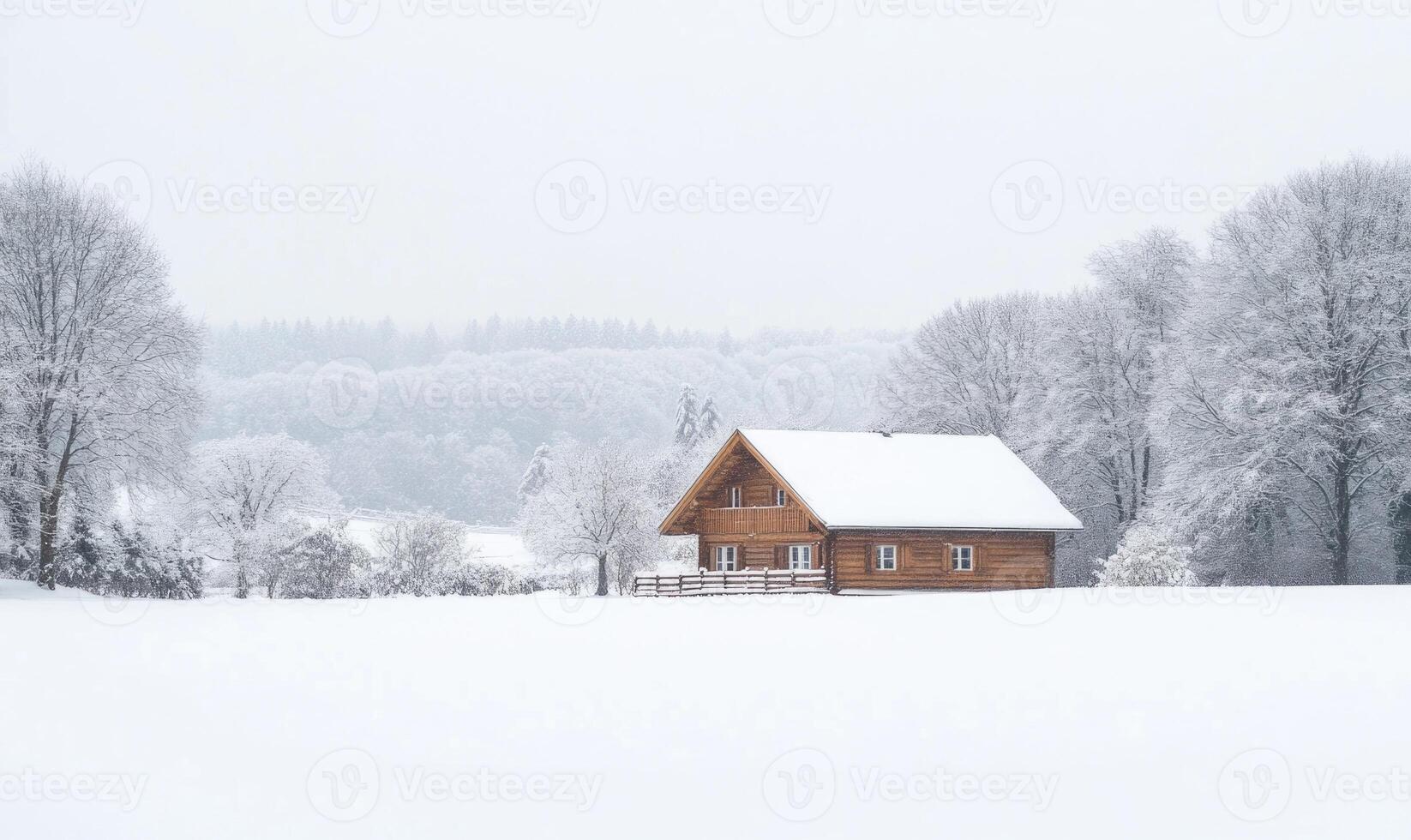 A small cabin is surrounded by snow and trees photo