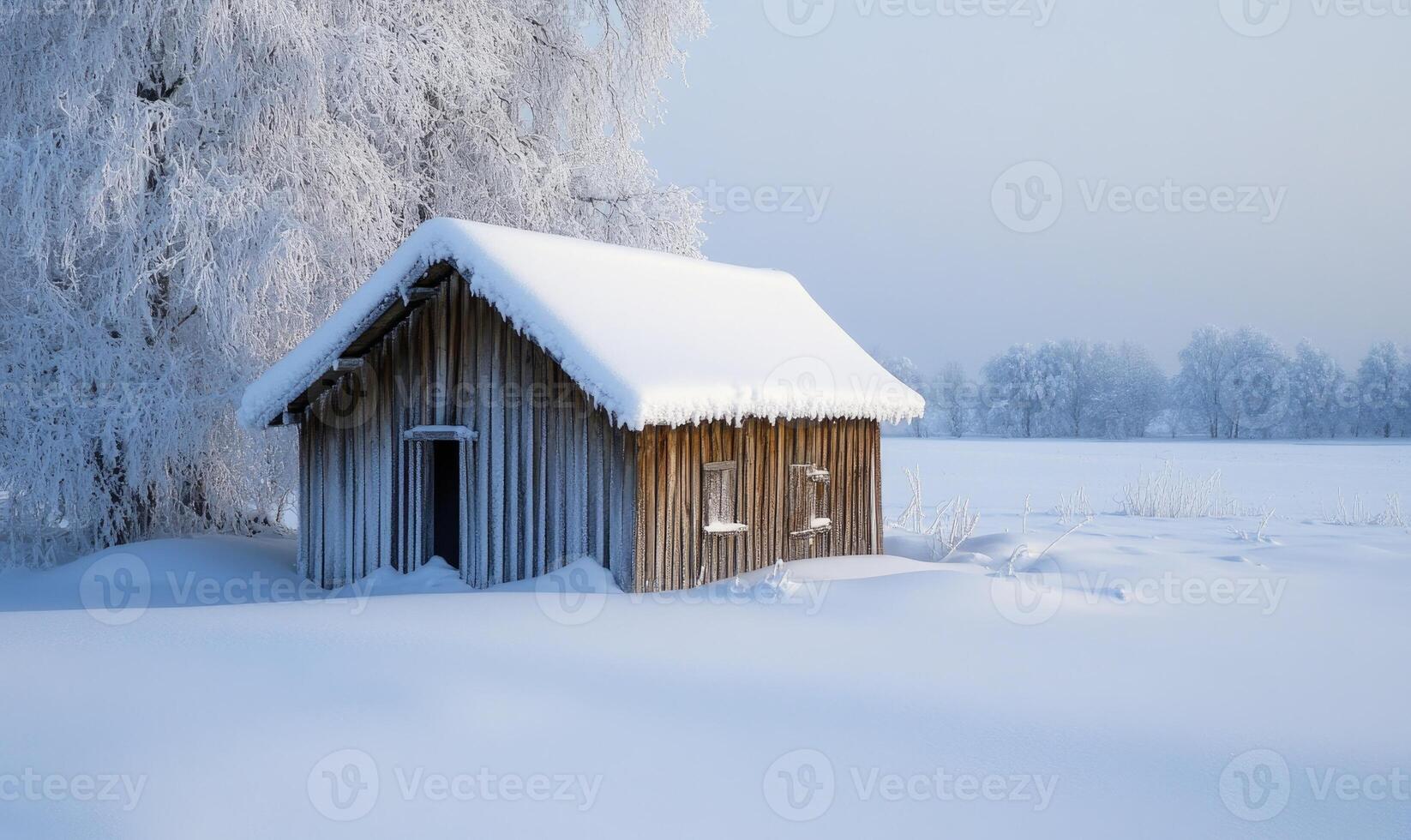 A small cabin in the snow with a roof covered in snow photo