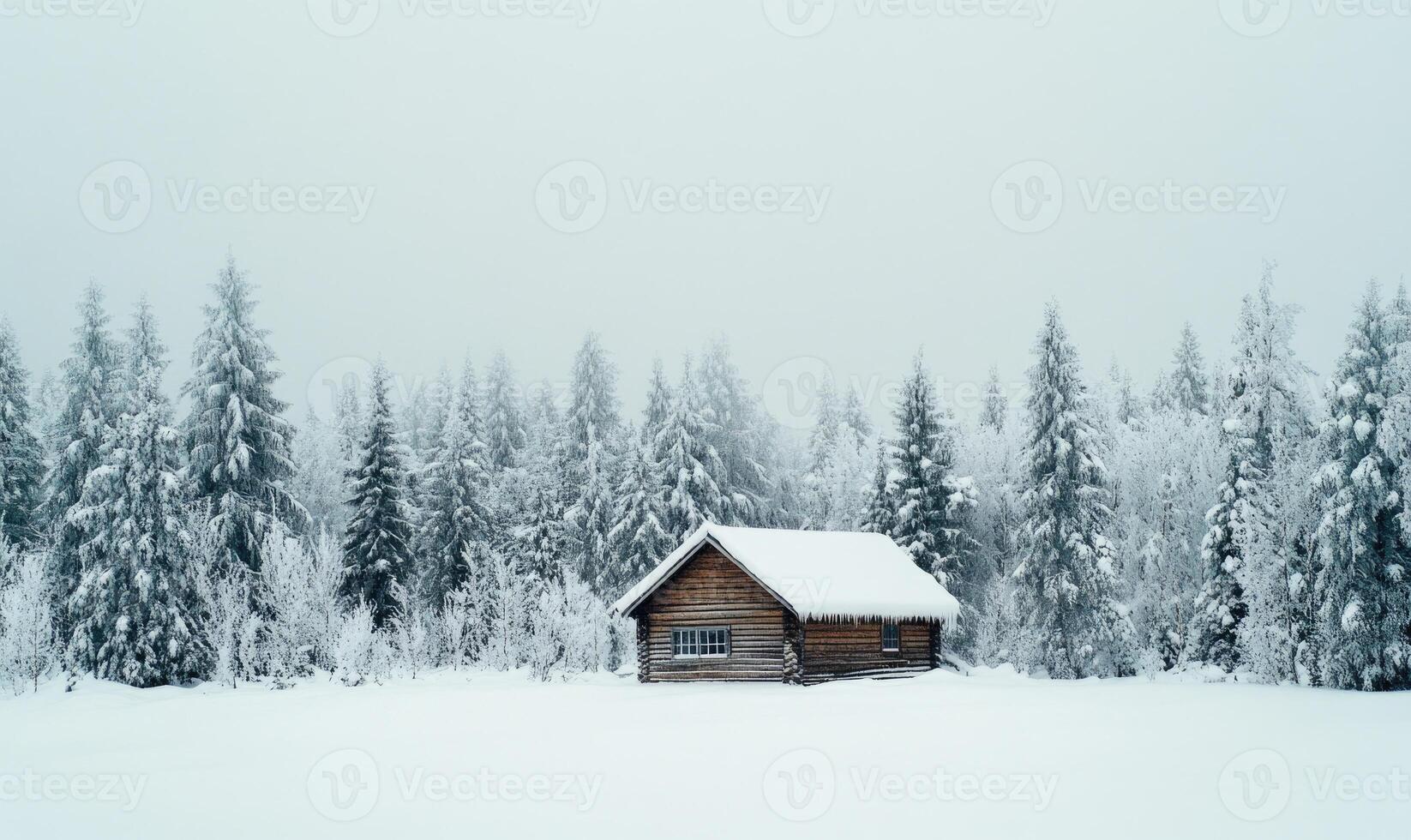 A small cabin is surrounded by trees covered in snow photo