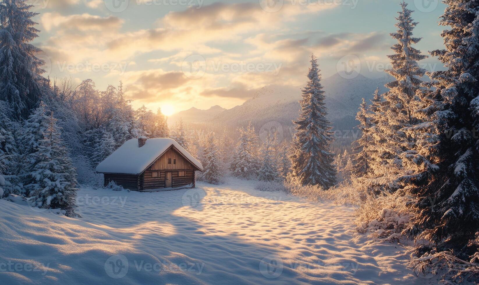 A cabin in the woods with snow on the ground and trees in the background photo