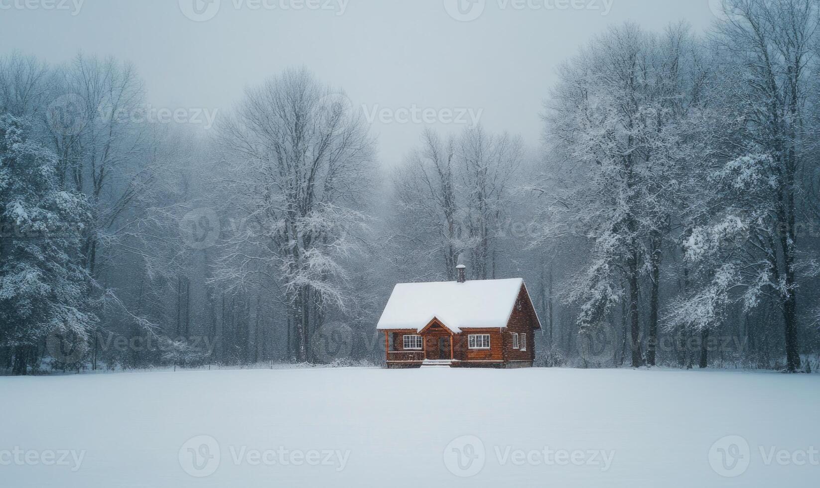 A small cabin is surrounded by trees and covered in snow photo