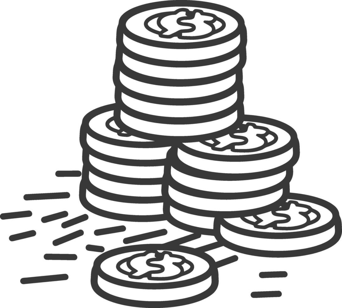 A black and white drawing of a pile of coins vector