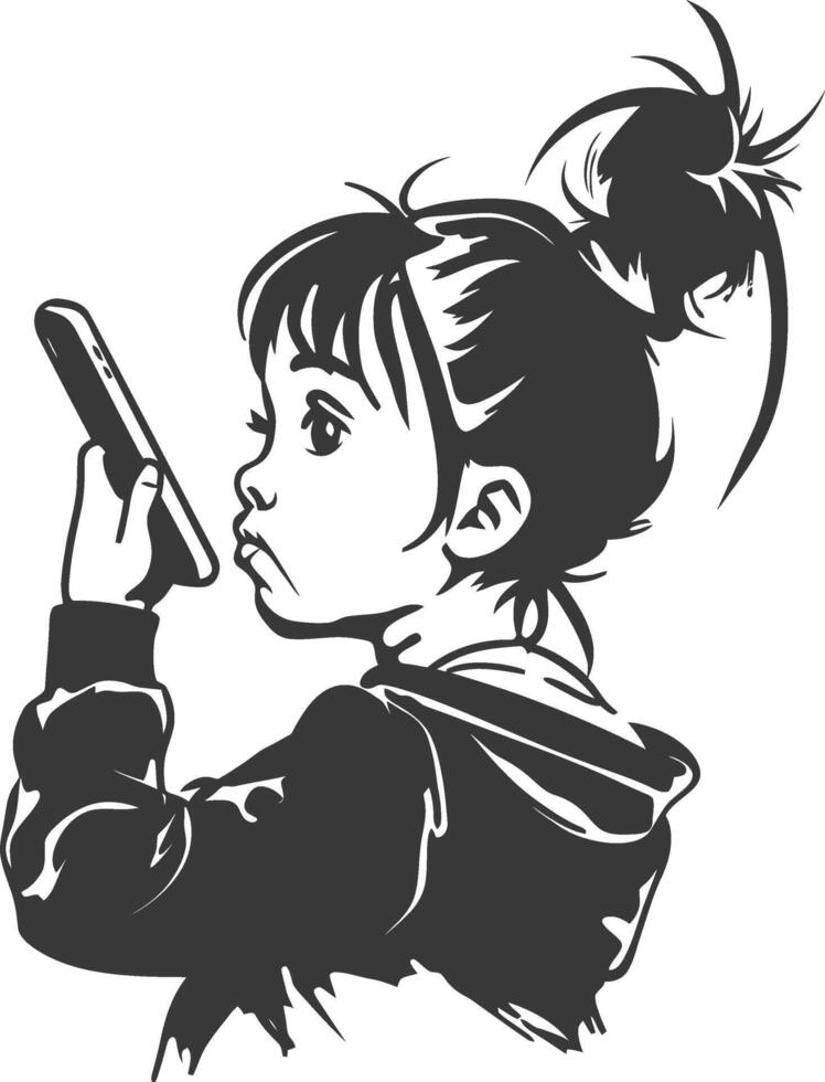A black and white drawing of a girl holding a cell phone vector