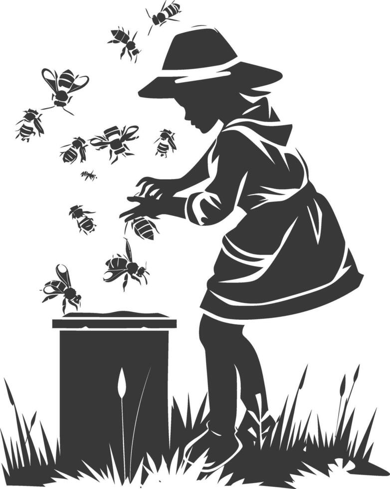 A black and white illustration of a girl with a bucket and bees vector