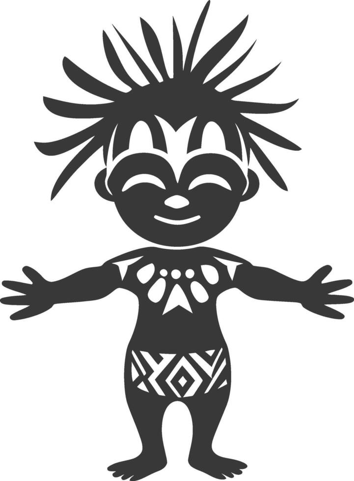 A black and white illustration of a child with tribal style vector