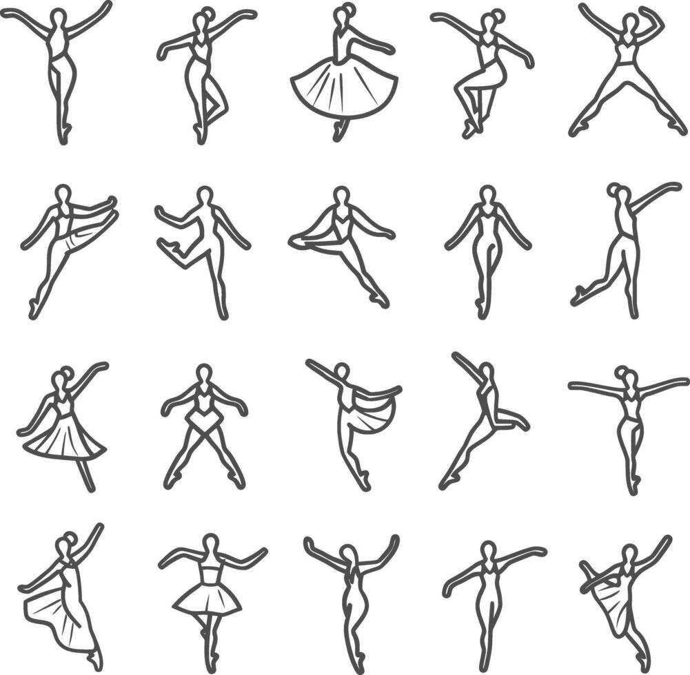 Dancing ballet woman line icons set vector