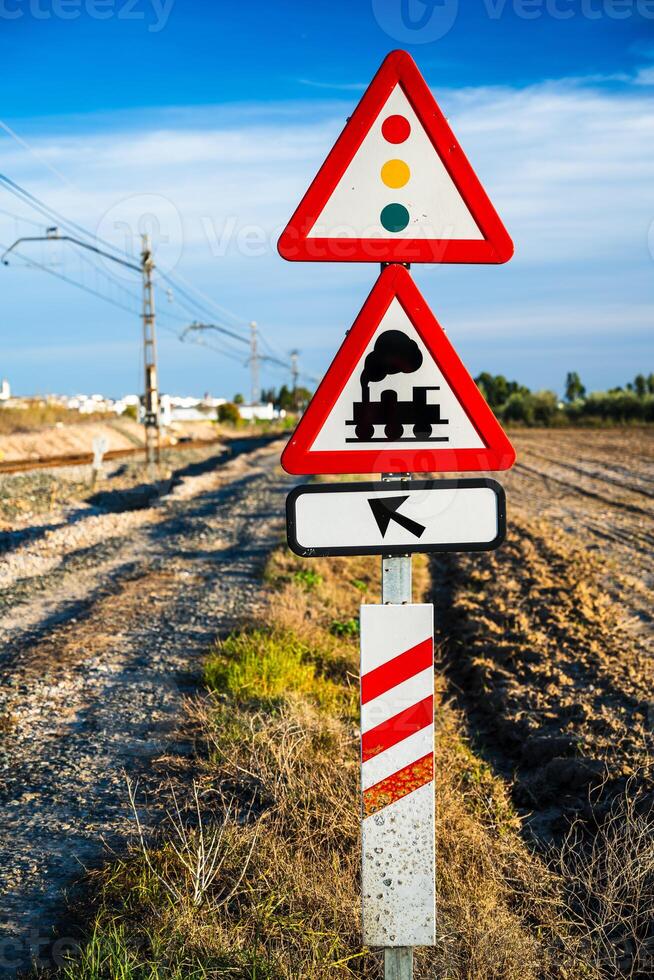 Railway Crossing Sign in Carrion de los Cespedes, Sevilla, Spain photo