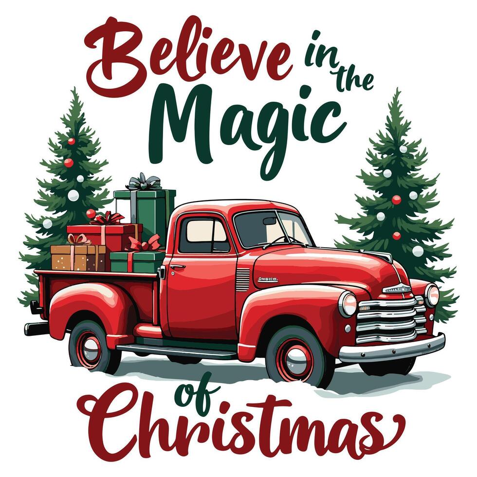Red Truck with Christmas Tree on Top - Festive T-Shirt Design vector
