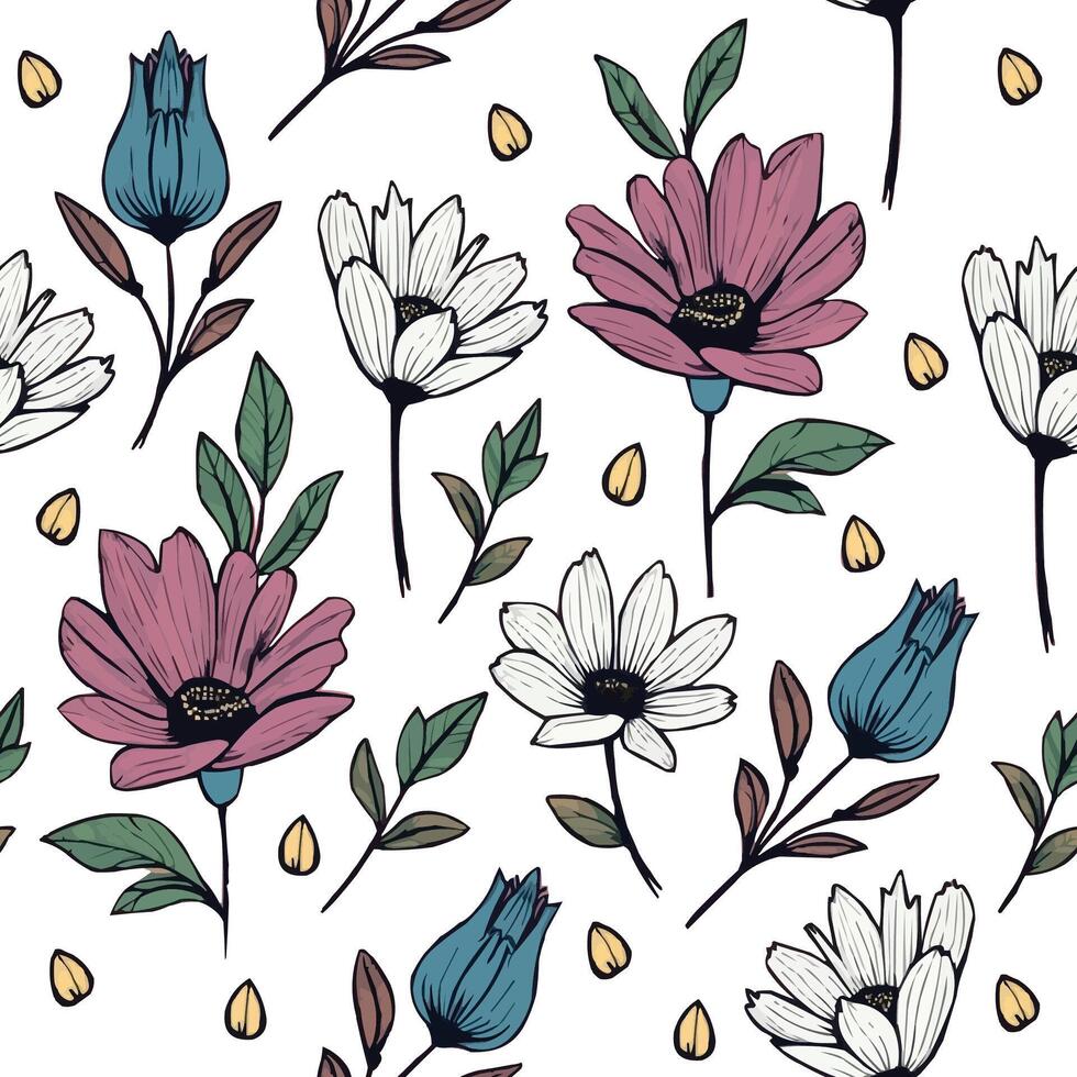 A Seamless Pattern of Purple and White Blooms with Lush Leaves vector