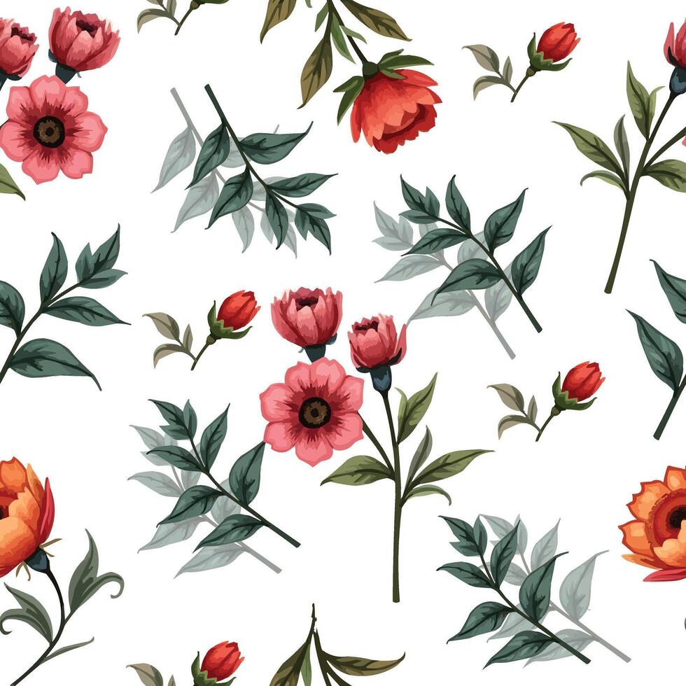 a floral pattern with orange and pink flowers and leaves on a white background. vector