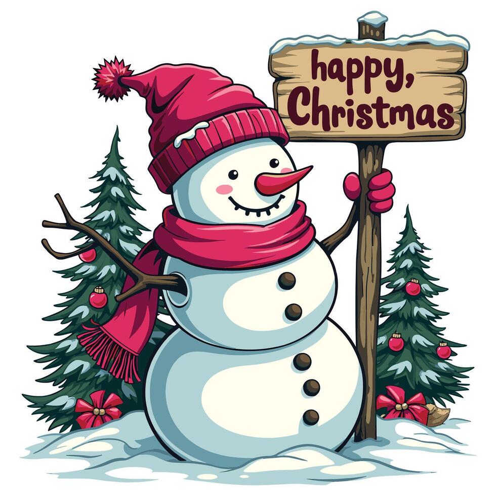 T-shirt design featuring a snowman with a pink hat and a sign that says Happy Christmas vector