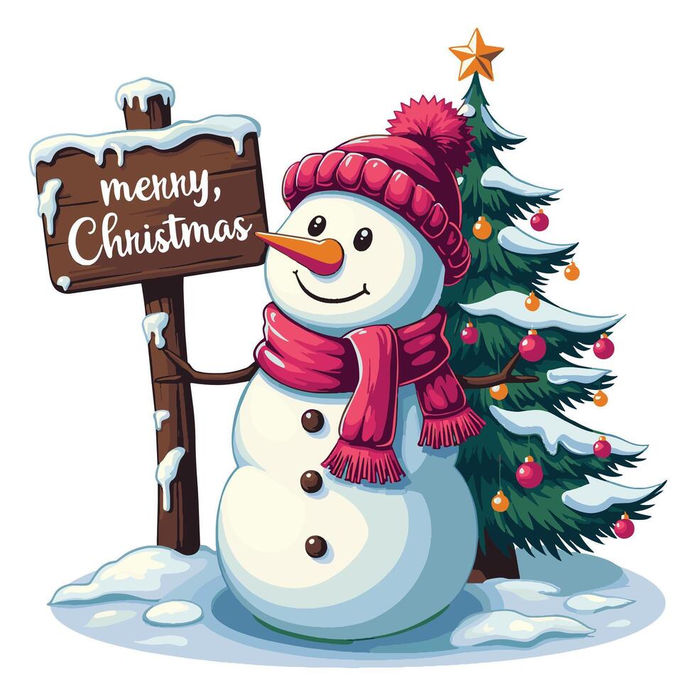 A T Shirt Design Featuring a Snowman with Merry Christmas Sign vector