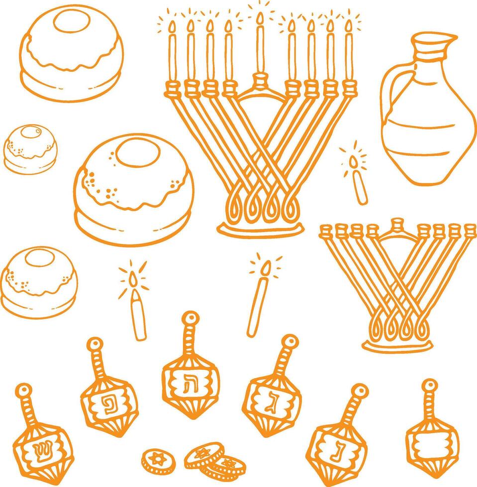 Hanukkah Doodle Yellow Clipart Set, Hand-Drawn Doodle Symbol Design Illustration vector