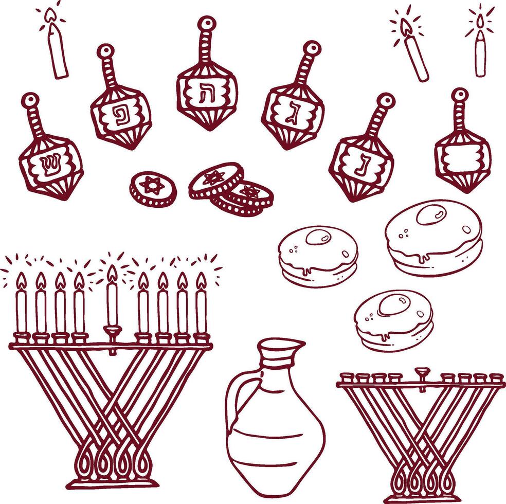 Hanukkah Doodle Bordo Clipart Set, Hand-Drawn Symbol Design Illustration vector