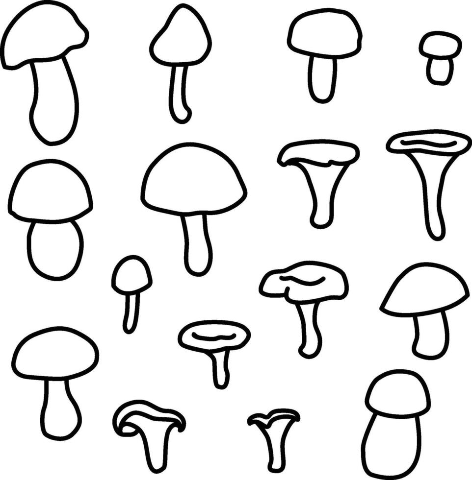 Mushrooms set in doodle style. Collection of hand-drawn mushrooms outline isolated on white background. Autumn forest. For cards, logo, decorations, invitations, designs, stickers, coloring book vector