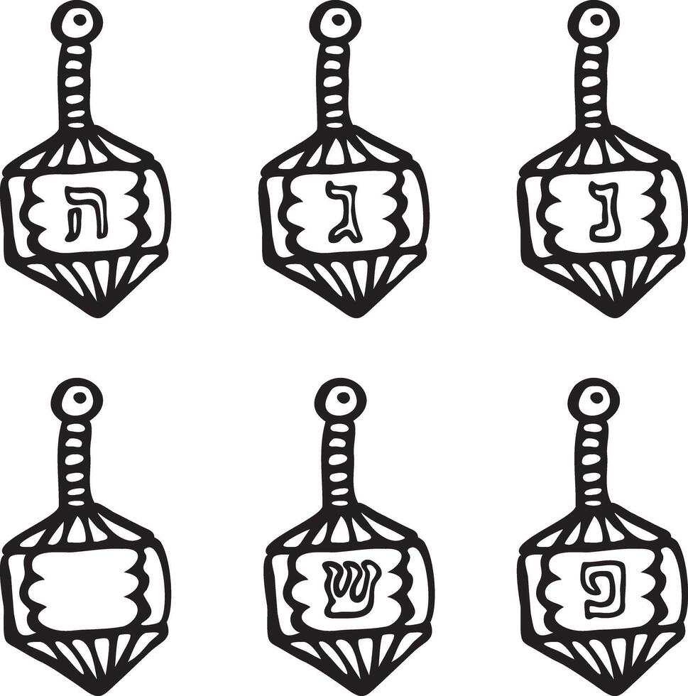 Traditional Hanukkah Dreidel outline set with letters in Hebrew Hand-drawn doodle style illustration vector