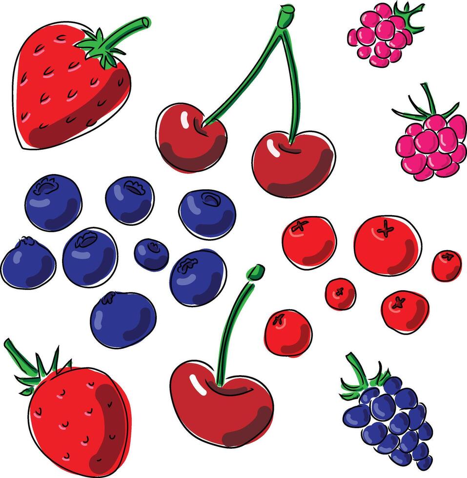 Abstract Berries Mix Collection. Hand-drawn Doodle Icons. Cherry, Blueberry, Strawberry, Raspberry, Blackberry, Cranberry. Garden wild fruit berry elements for design, logo, label, menu vector
